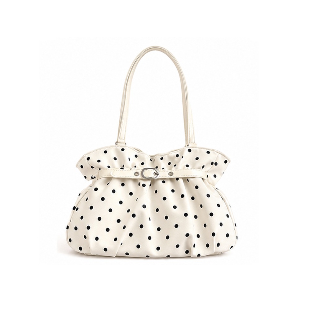 Structured Handbag Top Handle - ポルカドット柄ポルカドットショルダーバッグ、ジッパー開閉、バックル付き、ルーシュ加工ハンドバッグ、ダブルハンドル、ルーシュ構造トップハンドルバッグ