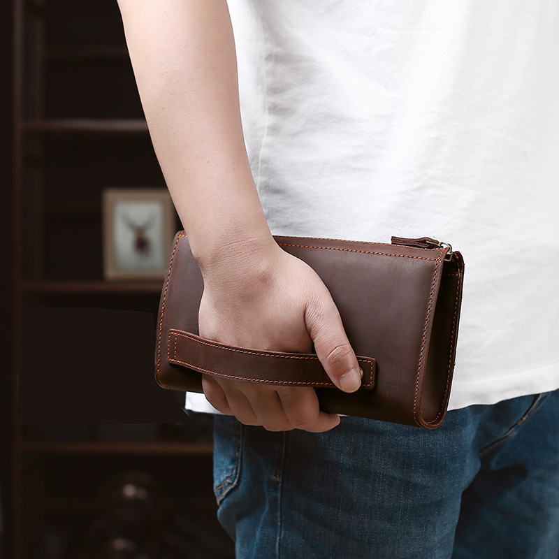 Accordion Wallet Zip - メンズクラッチロングハンドバッグビジネスヴィンテージ牛革男性用長財布男性と女性用ジッパー財布