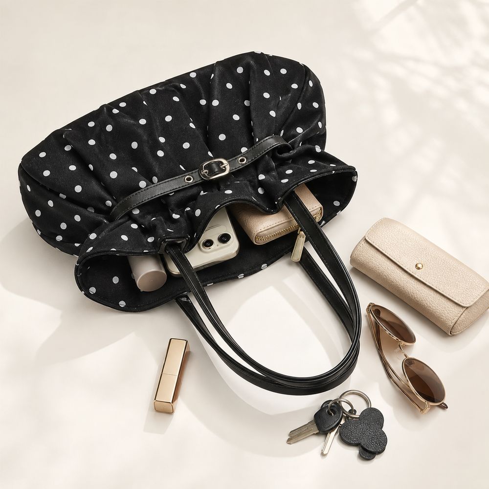 ポルカドット柄ポルカドットショルダーバッグ、ジッパー開閉、バ - Structured Handbag Top Handle のレビューと価格