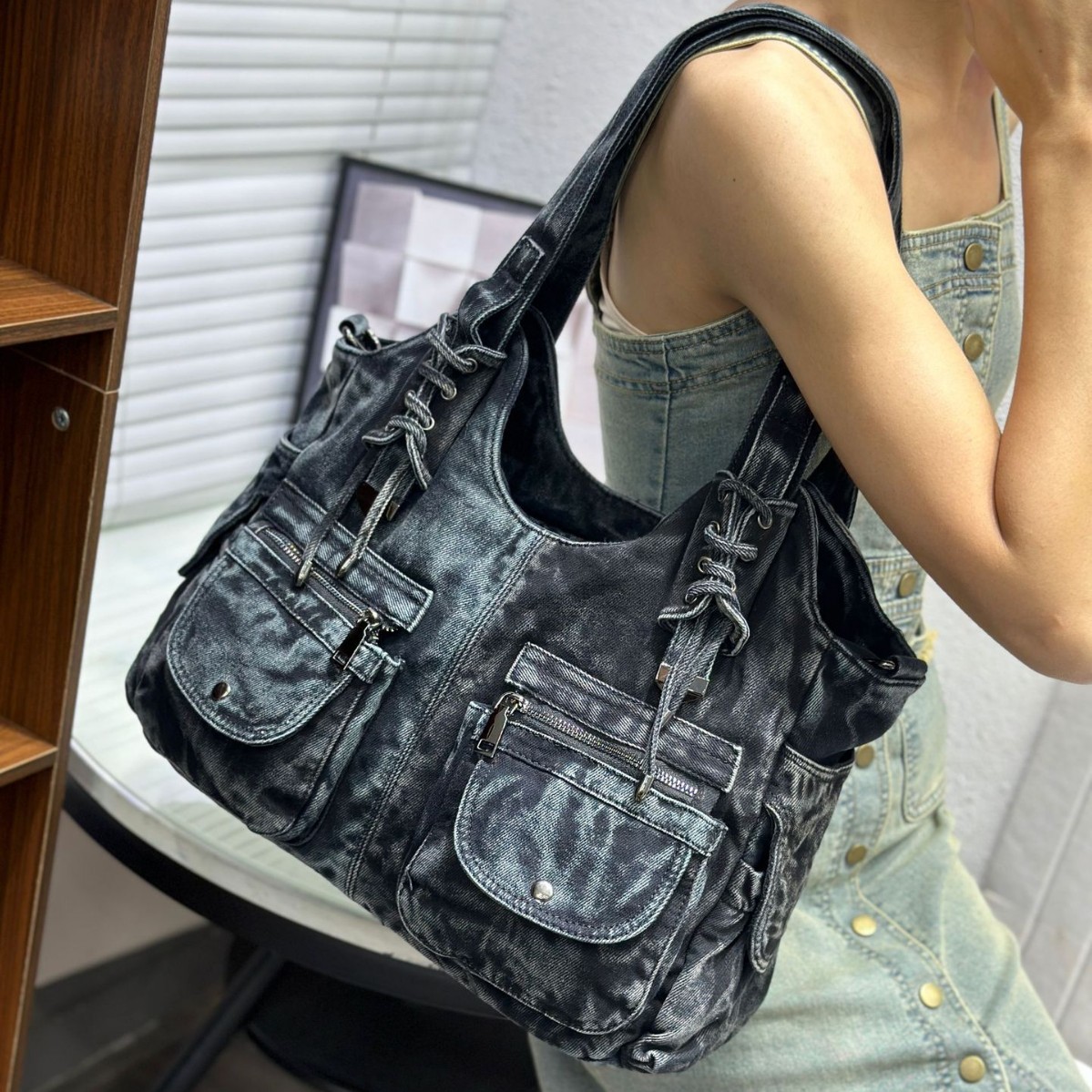 レディース デニムバッグ Y2K ヴィンテージ ブルー ジー - Accordion Wallet Zip のレビューと価格